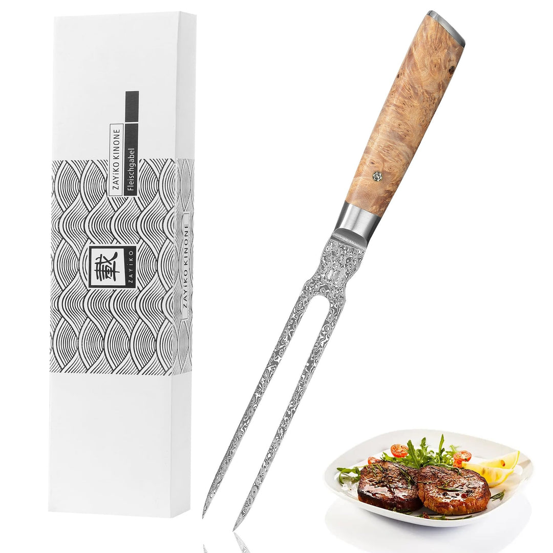 zayiko Kinone Damast Tranchiergabel - 18 cm, 67 Lagen echter schwarzer Damaststahl, Birkenwurzelholz