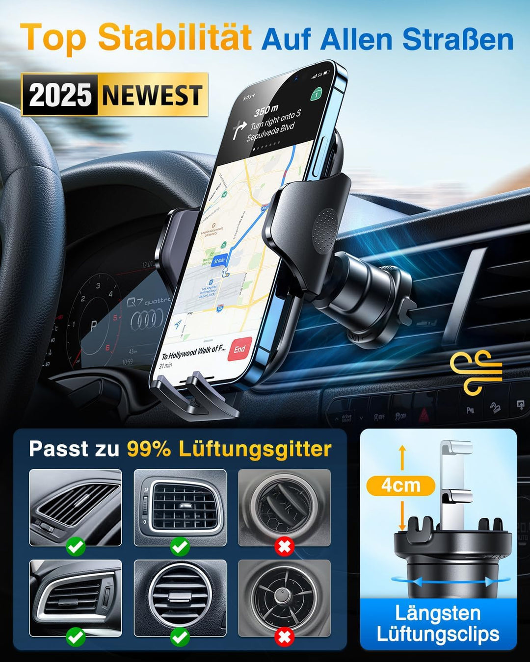 VANMASS Handyhalterung Auto Lüftung [2022 Upgrade Bombenfest Lüftungshaken] 360°Drehbar 100% Silikon