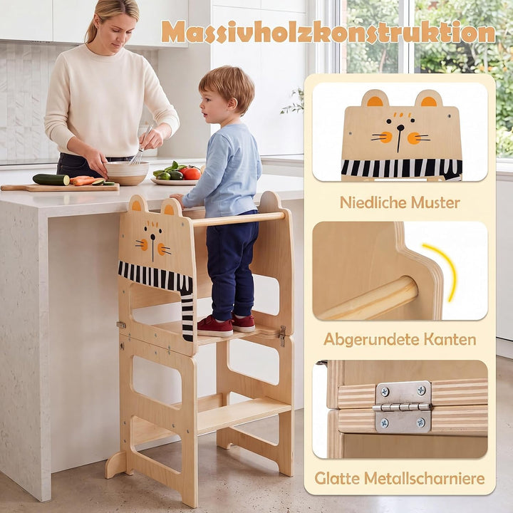 COSTWAY 3 in 1 Lernturm klappbar aus Holz, 50 kg belastbar, Natur | Tritthocker mit Tafel in Katzenf