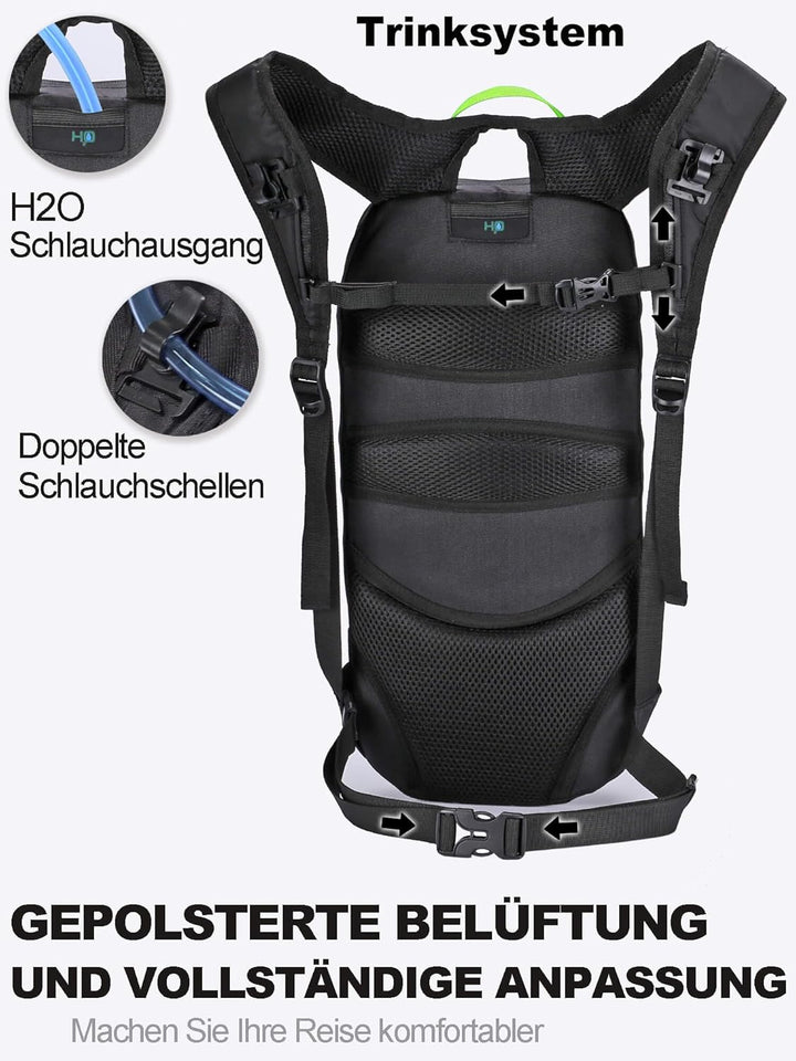 Fahrradrucksack Trinkrucksack 6L Klein Rucksack mit Trinkblase 2L, Ultraleicht Bike Rucksack Skiruck