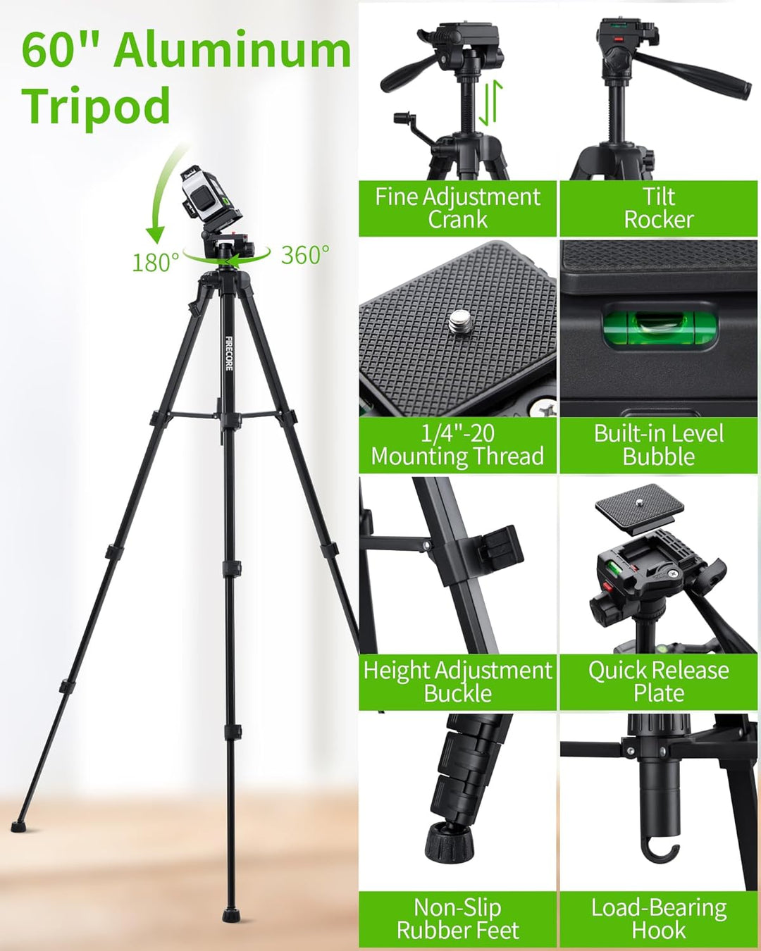 Firecore Kreuzlinienlaser mit Stativ, Selbstnivellierend 3 x 360°, Grüne Nivelliergerät Laser-Wasser