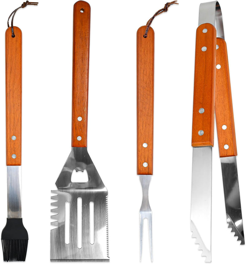 CAREDGO 4-teilig Grillbesteck Set Barbecue Tool aus Holz und Edelstahl Grillzange Grillgabel Grillbü