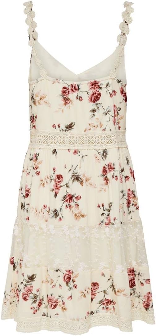 Only Damen Kleid Karmen Anne Träger-Kleid mit Blumen-Muster 15177478 Creme brûlée: Rose Flower 34 EU