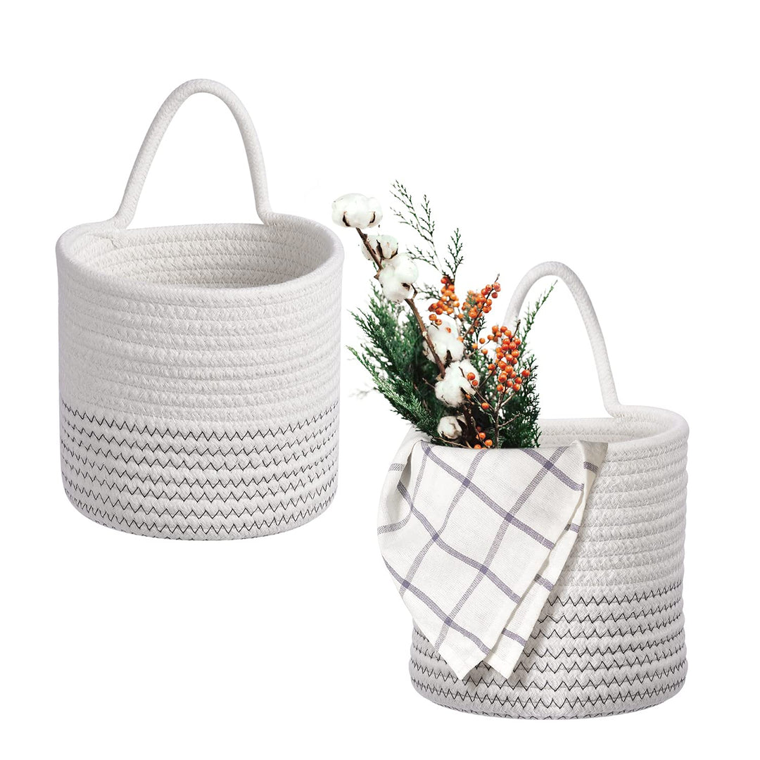 Hivexagon 2er Pack Hanging Woven Rope Aufbewahrungskörbe mit Griff - Wandkörbe 6 x 5,5 Zoll runde Be