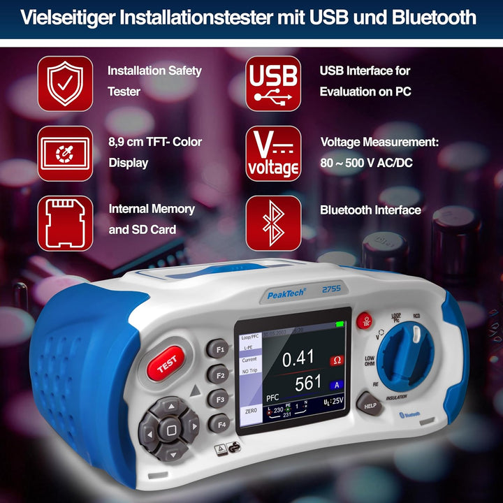 PeakTech 2755 – VDE-0100 Installationstester mit Bluetooth, USB & SD-Karte, Multifunktions Prüfgerät