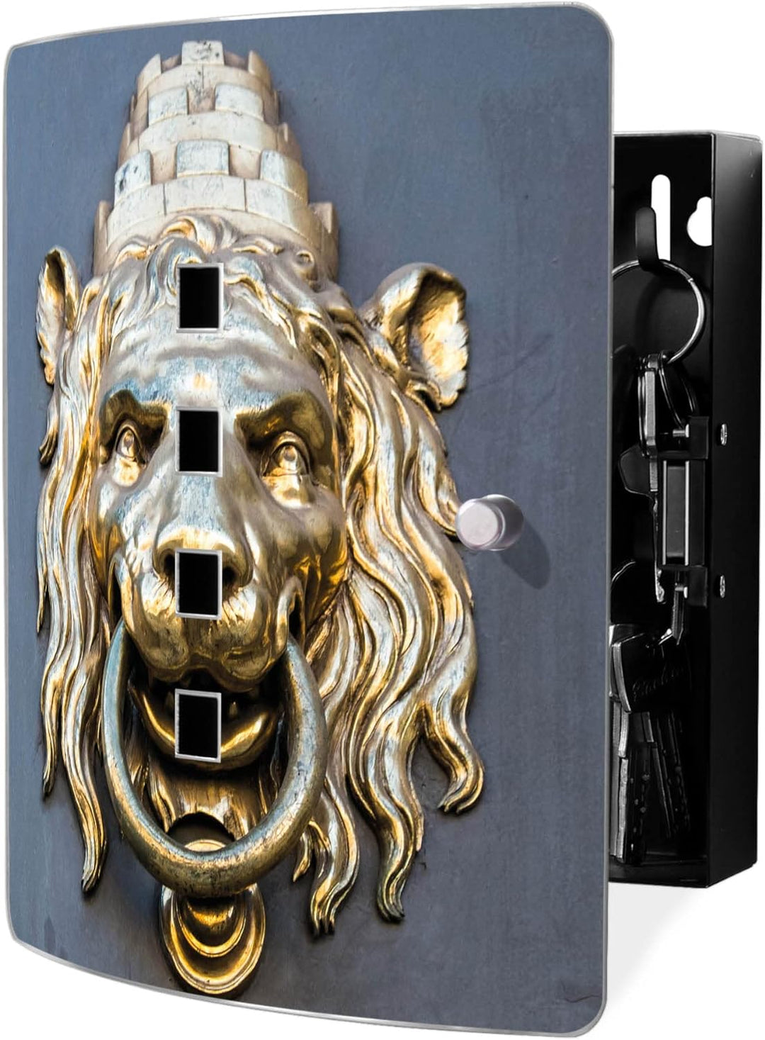 banjado® Design Schlüsselkasten aus Edelstahl Motiv Türklopfer Löwe für 10 Schlüssel - Schlüsselschr