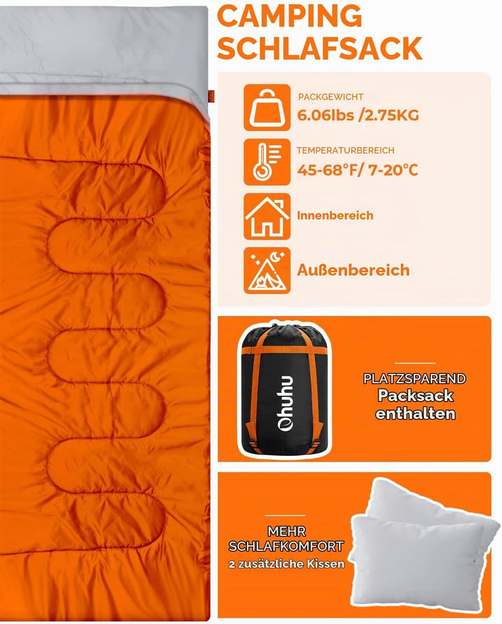 Ohuhu Doppelschlafsack, Schlafsack 2 Personen 220x150cm Schlafsack Outdoor mit 2 Kissen Deckenschlaf