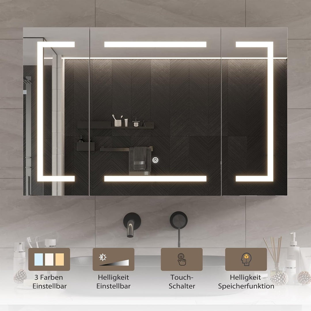 DICTAC Spiegelschrank Bad mit LED Beleuchtung und Steckdose 100x60x13.5 cm Metall Bad Spiegelschrank
