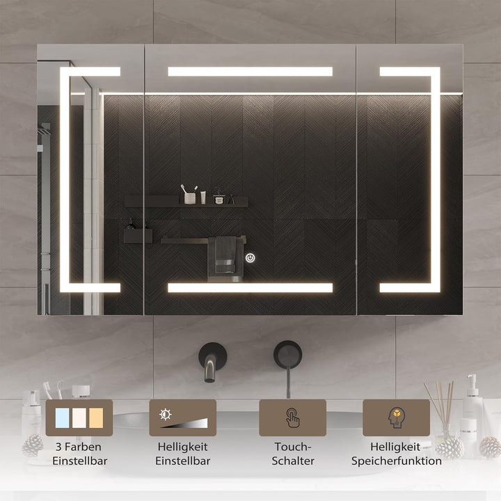 DICTAC Spiegelschrank Bad mit LED Beleuchtung und Steckdose 100x60x13.5 cm Metall Bad Spiegelschrank