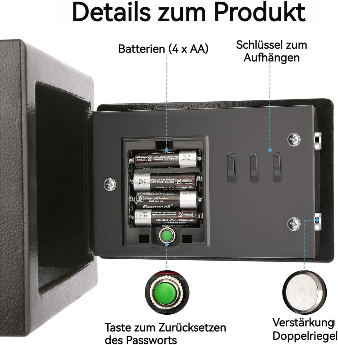 6,65L Kompakter Feuer- und Wasserdichter Tresor – Elektronischer Möbeltresor mit 2 Doppelstahlbolzen