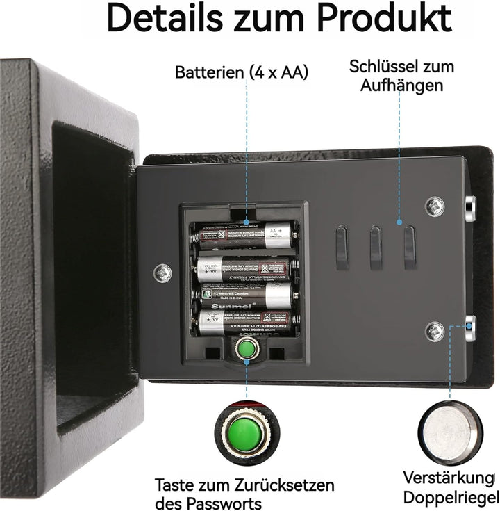 6,65L Kompakter Feuer- und Wasserdichter Tresor – Elektronischer Möbeltresor mit 2 Doppelstahlbolzen