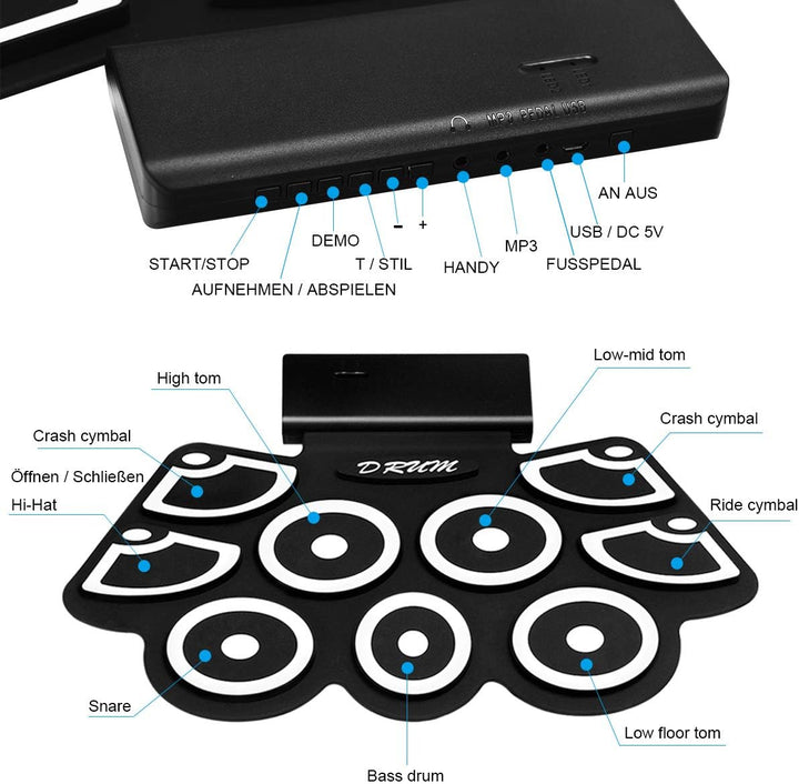 COSTWAY 9 Pads E-Drum, elektronisches Schlagzeug Set mit Bluetooth, Roll-Up-Trommel inkl. Pedale und
