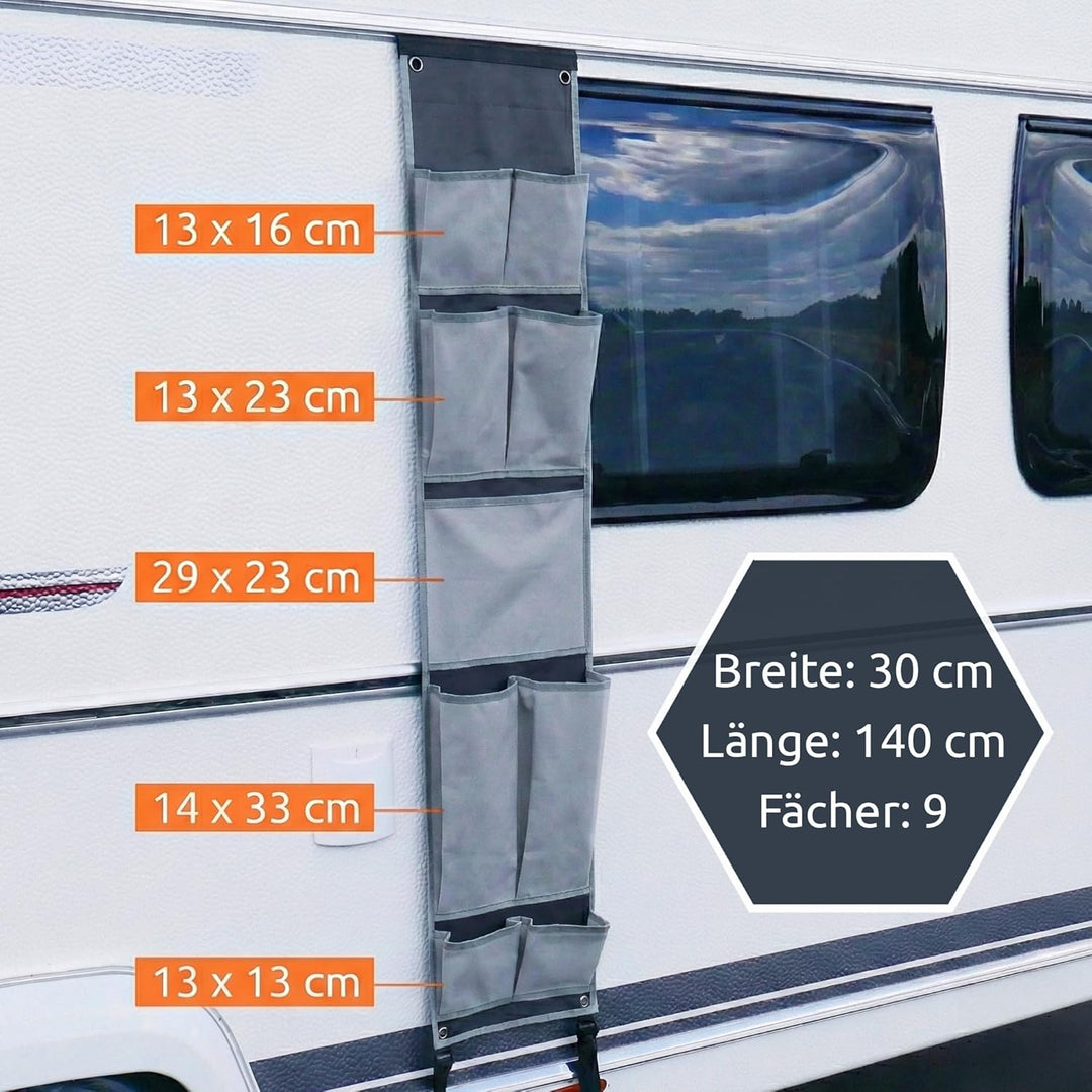 your GEAR Caravan Organizer Pocket - Hängeregal für Zelt, Vorzelt, Wohnwagen 140 x 30 cm, 9 Fächer
