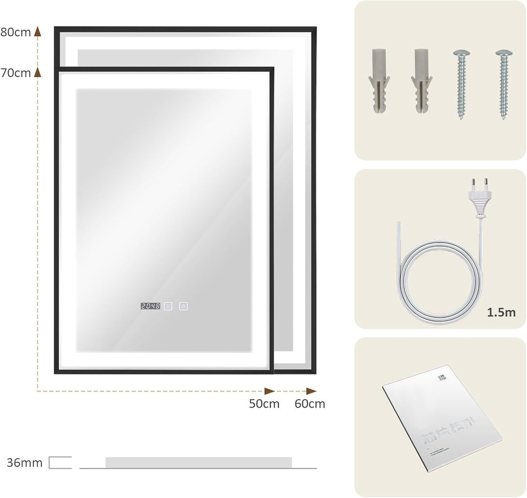 YOURLITE Badspiegel mit Beleuchtung 50x70cm,Badezimmerspiegel mit Beleuchtung und Uhr, 3 Lichtfarben