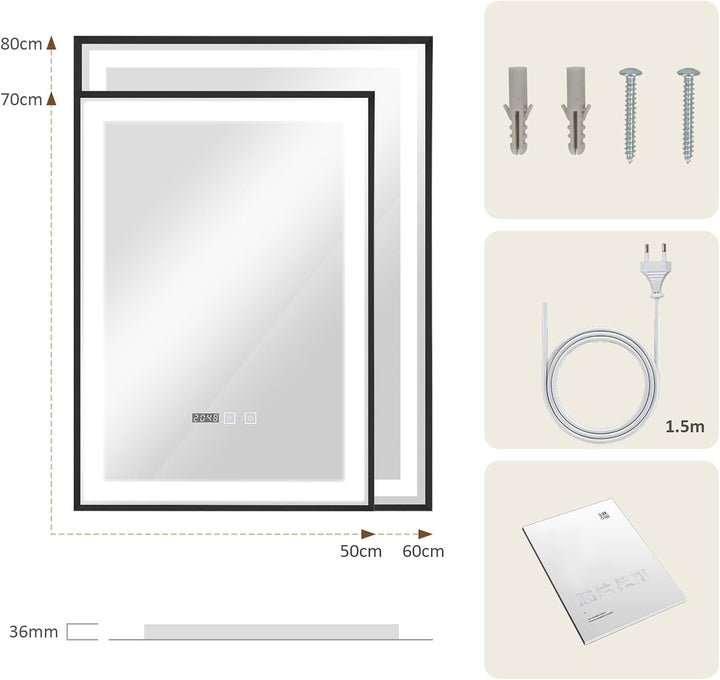 YOURLITE Badspiegel mit Beleuchtung 50x70cm,Badezimmerspiegel mit Beleuchtung und Uhr, 3 Lichtfarben