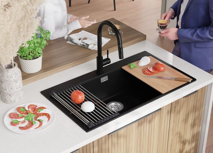 Granitspüle Schwarz 90x50 cm, Spülbecken + Ablauf-Set + Küchenarmatur 9050, Küchenspüle für 90er Unt