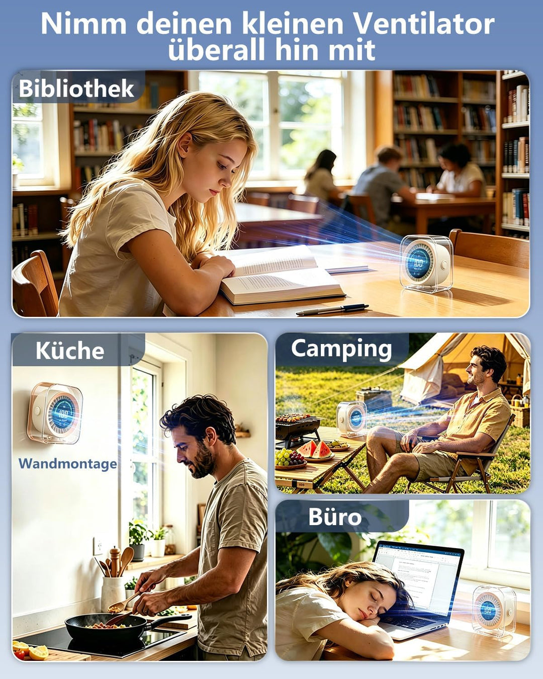 Mini Tischventilator Sehr Leise(20 dB),4000mAh Akku (15 Stunden) USB-C, LED-Anzeige, 2-in-1-Halterun