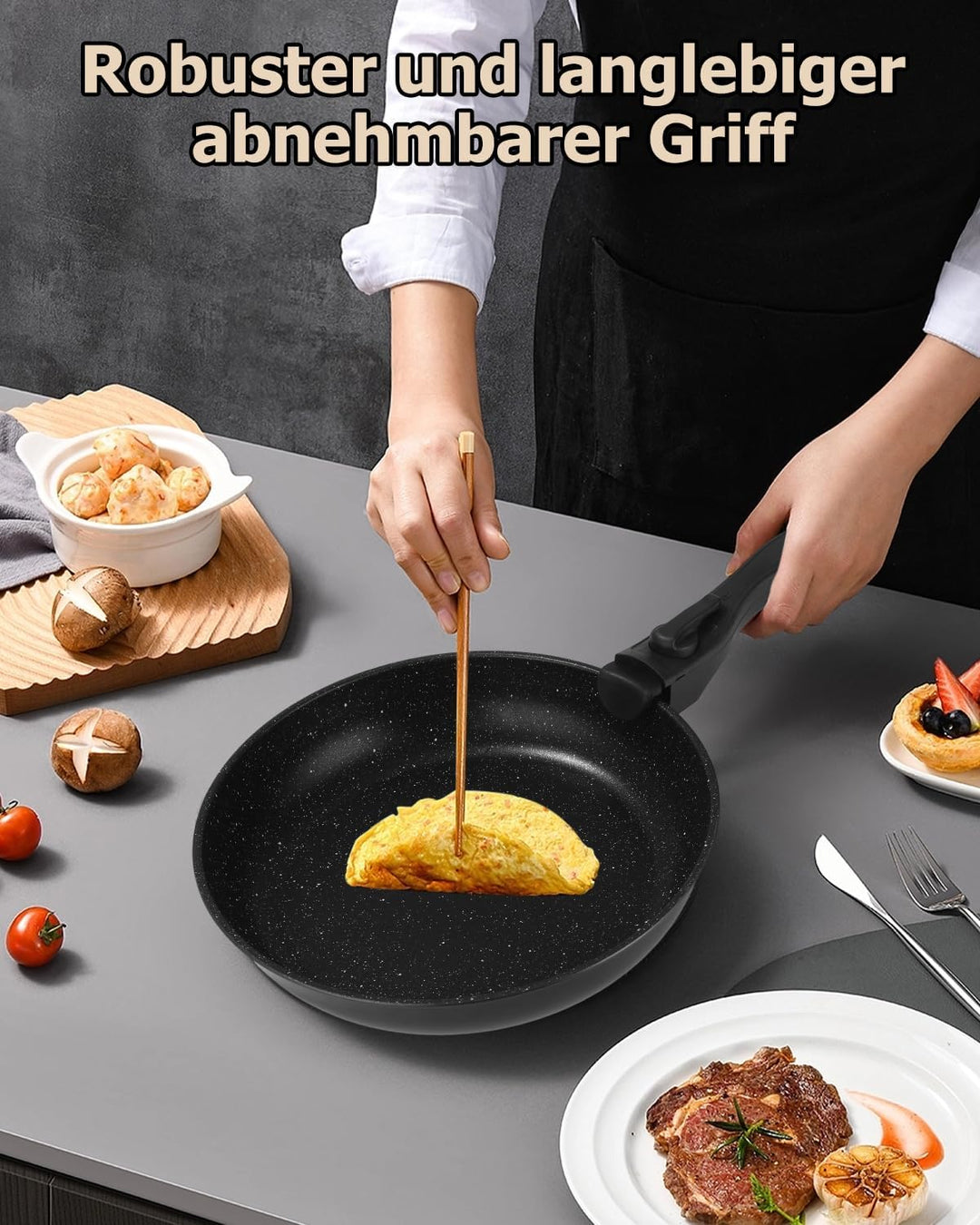 Pfannenset Induktion, Antihaft-beschichtete Bratpfanne 20, 24 und 28 cm mit abnehmbarem Griff, für a
