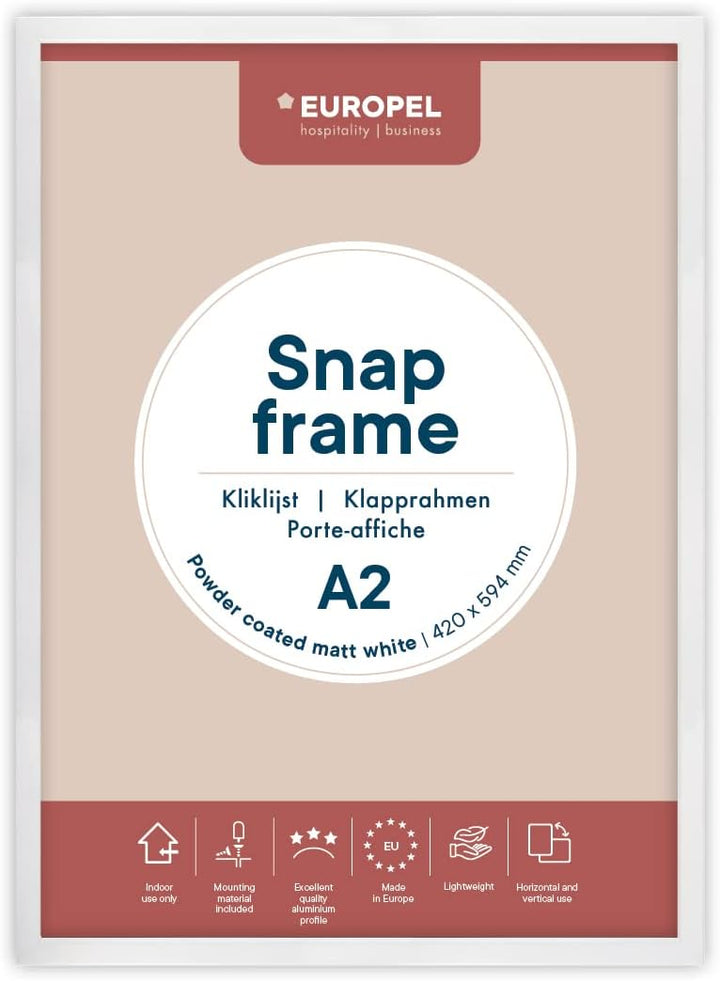 Europel leichte Klapprahmen DIN A2 mattweiss pulverbeschichtet, Easy-Click System, Profil 25x11 mm,