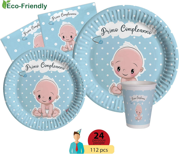 Ciao - Partygeschirr Primo Compleanno für 24 Personen (112 pcs: 24 Pappteller Ø23cm, 24 Pappteller Ø