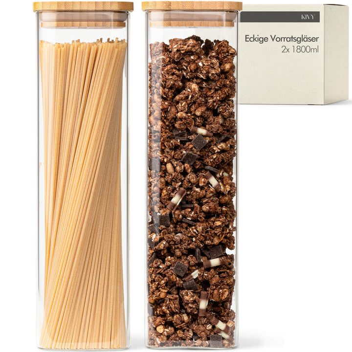 KIVY Vorratsgläser mit Deckel Luftdicht - 2 x 1.8L - Für Spaghetti, Mehl, Müsli Aufbewahrung Glas -