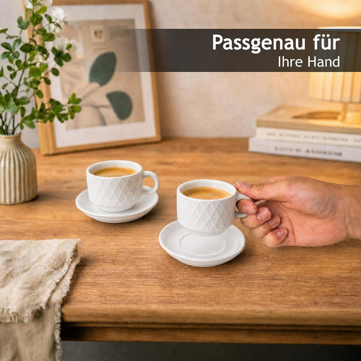 MIAMIO – 6 x 75 ml Espresso Tassen/Espressotassen Set mit Ständer Steingut Keramik - Palmanova Kolle