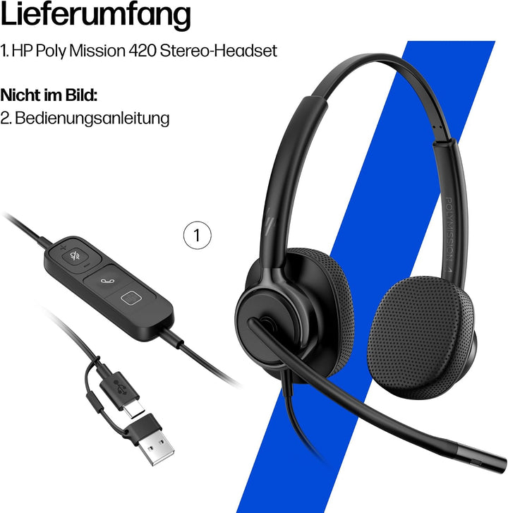 Poly Mission 420, USB‑C, KI‑basierte Geräuschunterdrückung, UC‑Zertifiziert, Schwarz Mission 420 Bin