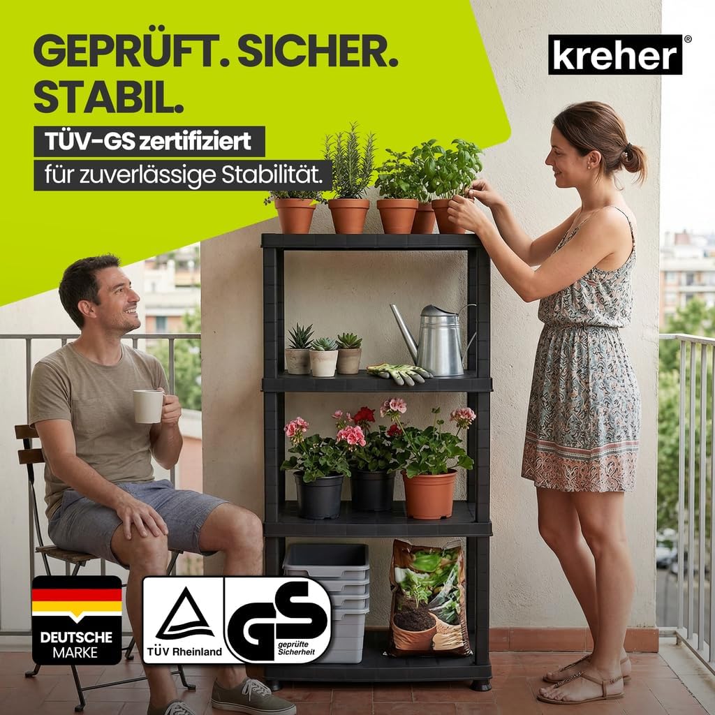 Kreher® Kunststoffregal „Neo“ mit 4 Böden - Steckregal für Haushalt, Keller &amp; Garage - Standregal, L