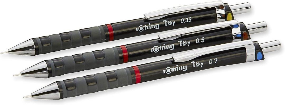 rOtring Tikky 3er Set mit Colourcode 0,35/0,5/0,7 mm (inkl. 3 Dosen Ersatzminen HB + Radierer B20)