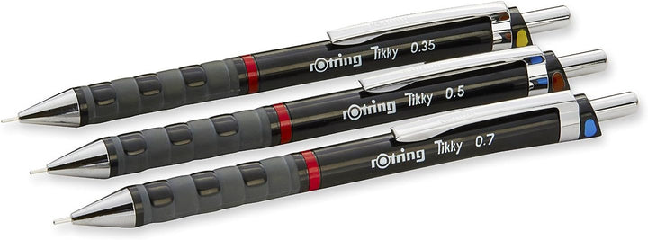 rOtring Tikky 3er Set mit Colourcode 0,35/0,5/0,7 mm (inkl. 3 Dosen Ersatzminen HB + Radierer B20)