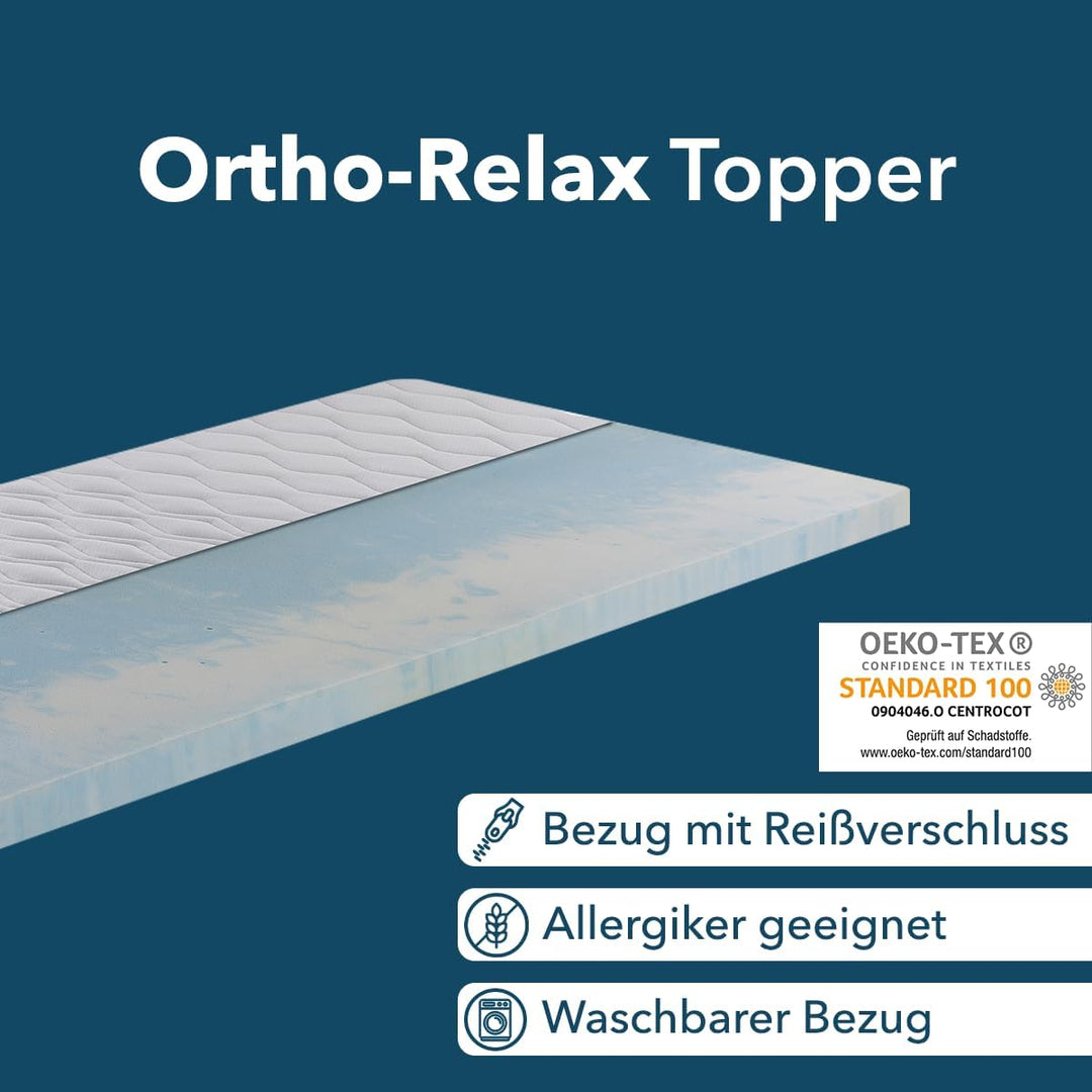 Ortho-Relax Gel Topper 160x200cm, Matratzentopper weich, waschbarer Bezug mit Zonenversteppung, Matr