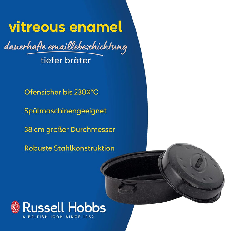 Russell Hobbs BW07215EU Ø 38 cm Glaskörper-Emaille tiefer Bräter/brattopf mit Deckel, spülmaschinenf