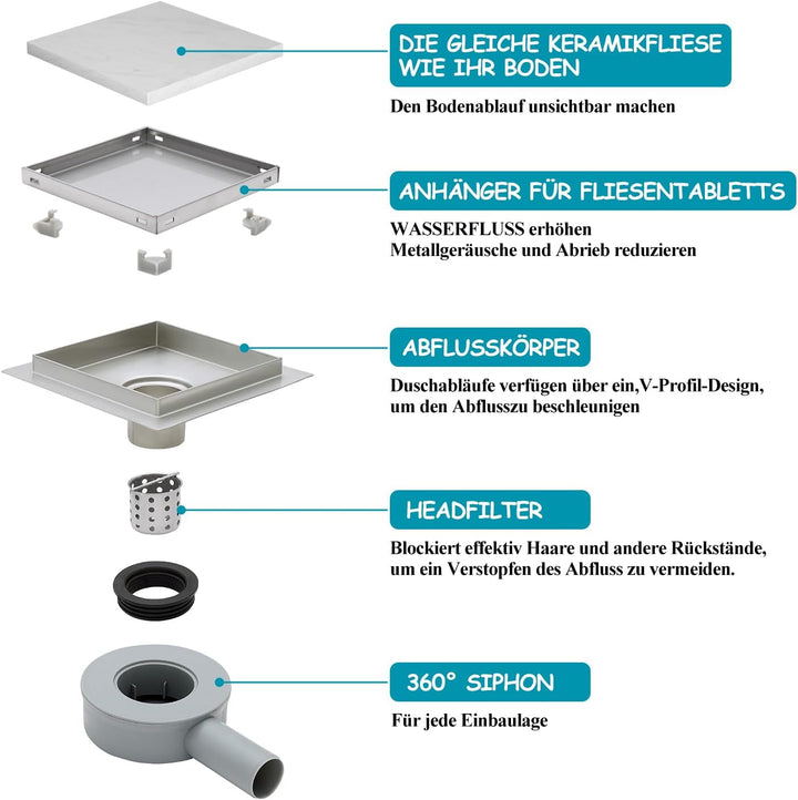 150 x 150 mm Duschrinne Quadratisch Edelstahl Bodenablauf mit 360° Siphon Geruchsstop, Haarfilter 2