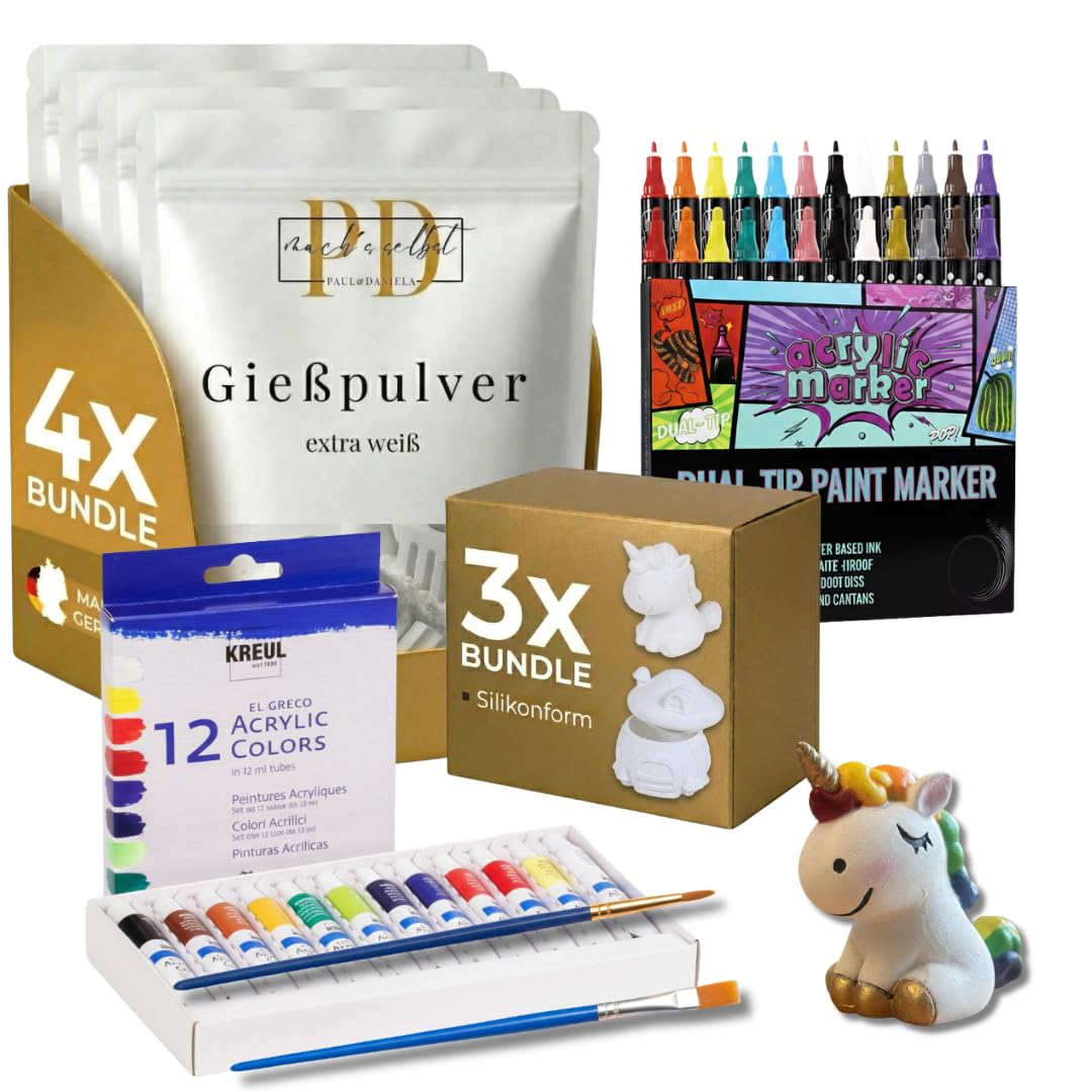 Giesspulver Starterset für Kids- Silikonform Feenhaus & Einhorn, 2kg PD Giesspulver weiss, 12x Acryl