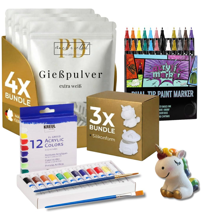Giesspulver Starterset für Kids- Silikonform Feenhaus & Einhorn, 2kg PD Giesspulver weiss, 12x Acryl