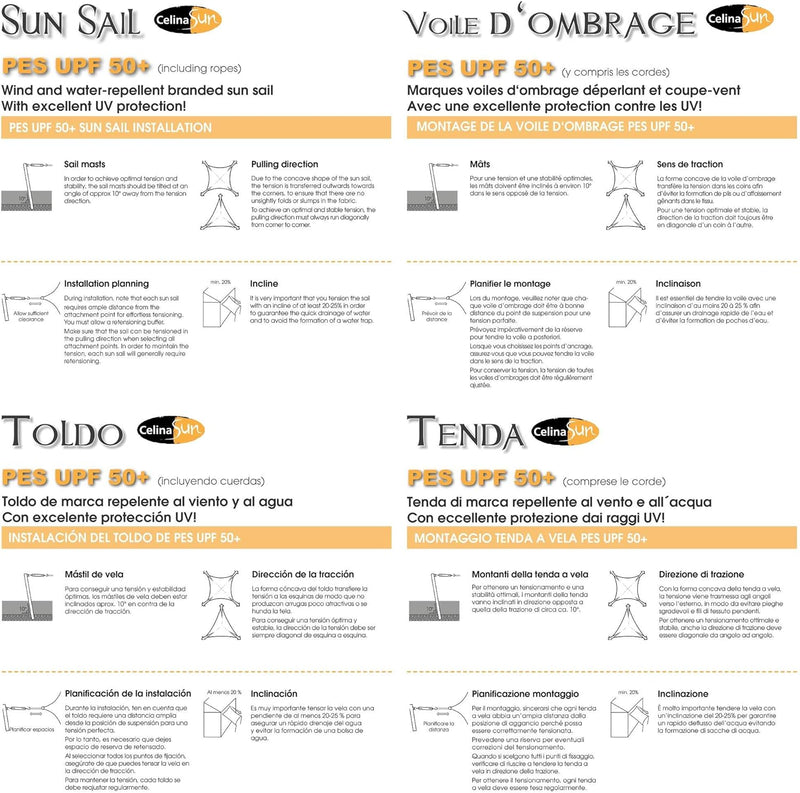 CelinaSun Sonnensegel PES Quadrat 5,6x5,6m anthrazit UPF 50+ Premium Sonnenschutz inkl Befestigungss