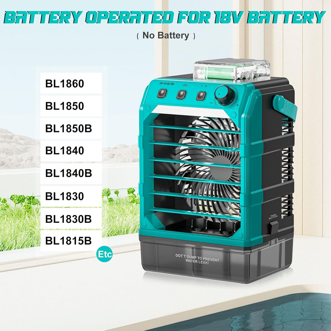Ventilator mit Wasserkühlung Kompatibel für Makita 18V Akku und USB-betrieben，Luftkühler mobil mit W