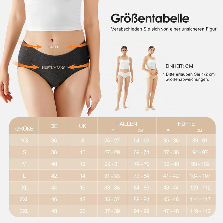 Unterhosen Damen Unterwäsche 6er Pack Baumwolle Slips Mittel Taille Panties XS 6*grau, XS 6*grau