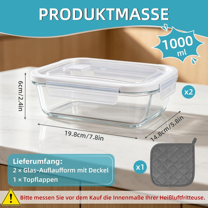 2 Stück Glas Auflaufform Airfryer mit Deckel &amp; Topflappen, Hitzebeständig, Kratzfest &amp; Spülmaschinen