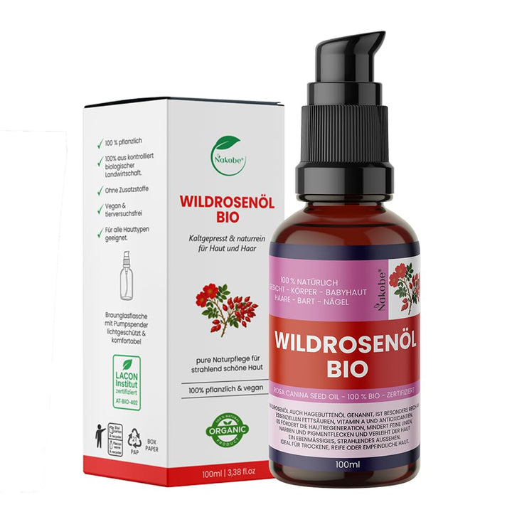 Wildrosenöl Bio 100ml – Kaltgepresst &amp; 100% naturrein – Rosa Canina – Pflegeöl in lichtgeschützter B