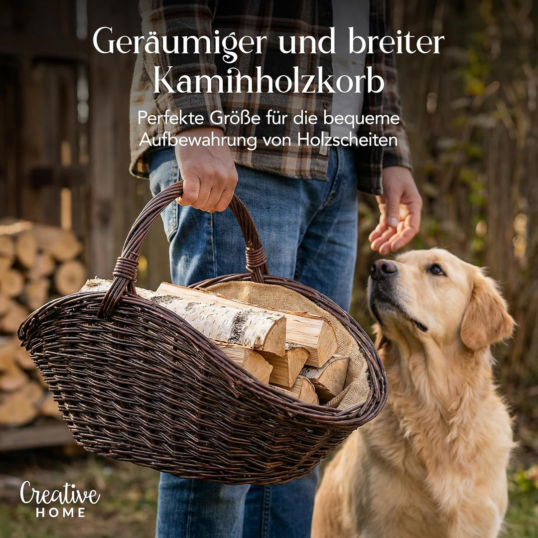 Creative Home Gross Holztrage Rattan Kaminholzkorb Kaminkorb Tragekorb | 64 x 39 x 43 cm | Oval Holz