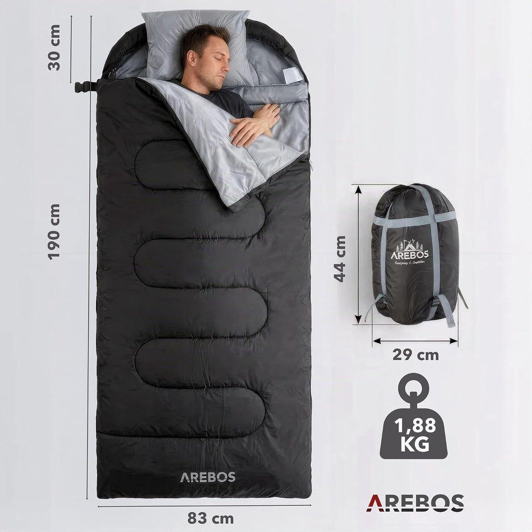 Arebos Camping Schlafsack Erwachsene 220 × 83 cm | Deckenschlafsack | wasserabweisend | inkl. Kompre