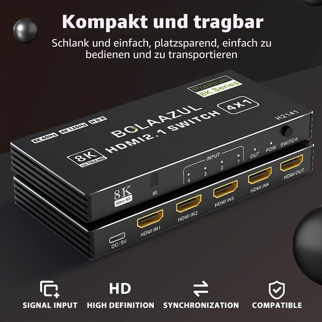 Bolaazul 8K@60Hz HDMI 2.1 Splitter Switcher Box 4-Port mit IR Fernbedienung 4K@120Hz 2K@144Hz, HDR,
