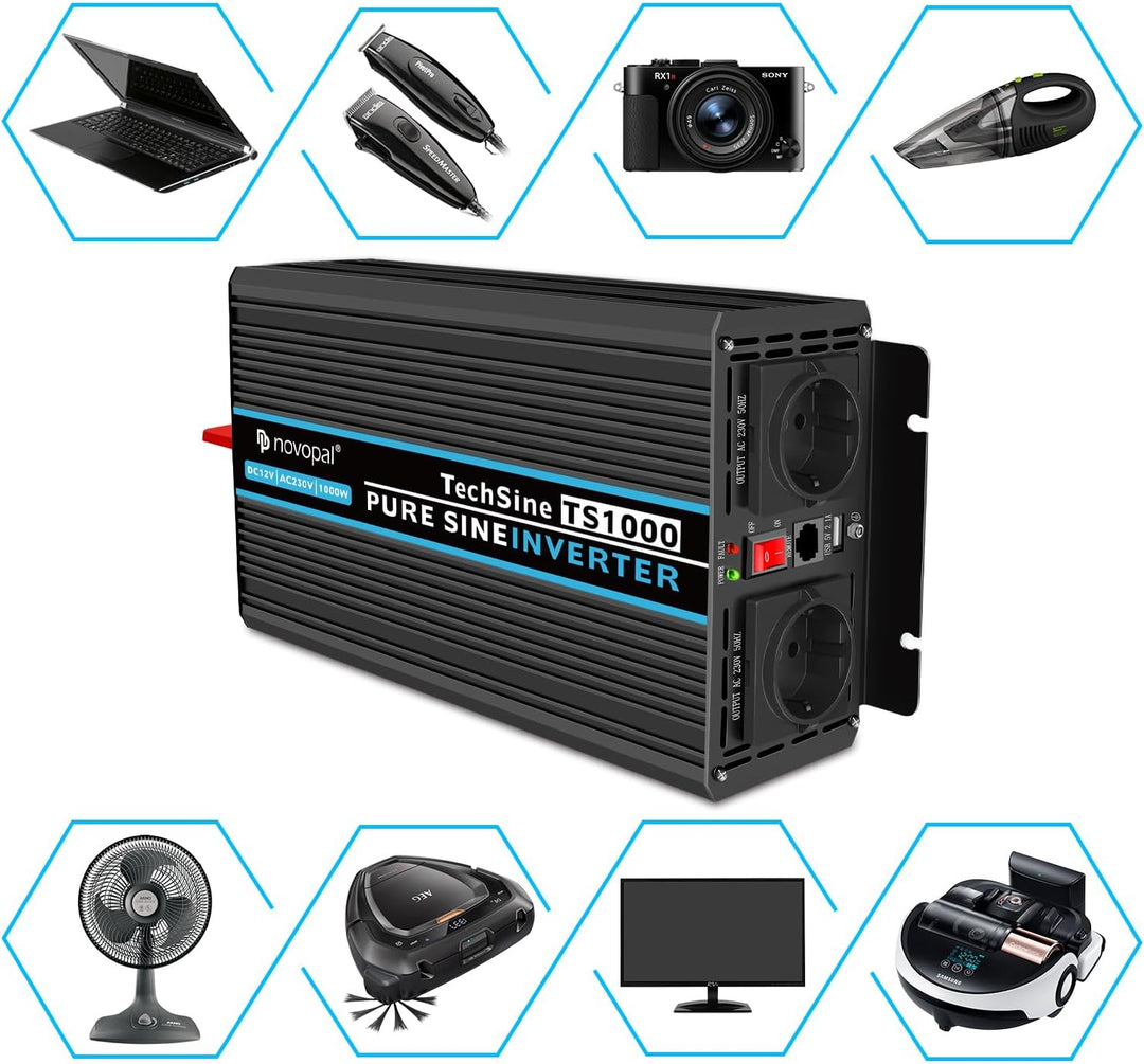 NOVOPAL 1000W Kfz Wechselrichter Spannungswandler -12v 230v Reiner Sinus mit 2 EU Steckdose und USB-