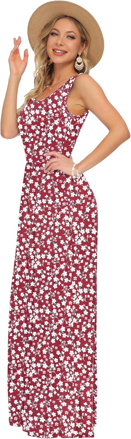 AUSELILY Damen Sommer Ärmelloses Lockeres Maxikleid Lässiges Langes Kleid mit Taschen Rot Blumen S,
