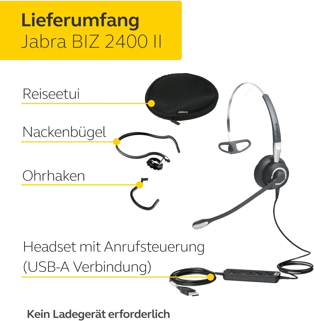 Jabra Biz 2400 II USB-A CC UC On-Ear Mono Headset - Unified Communications optimierter Noise-Cancell