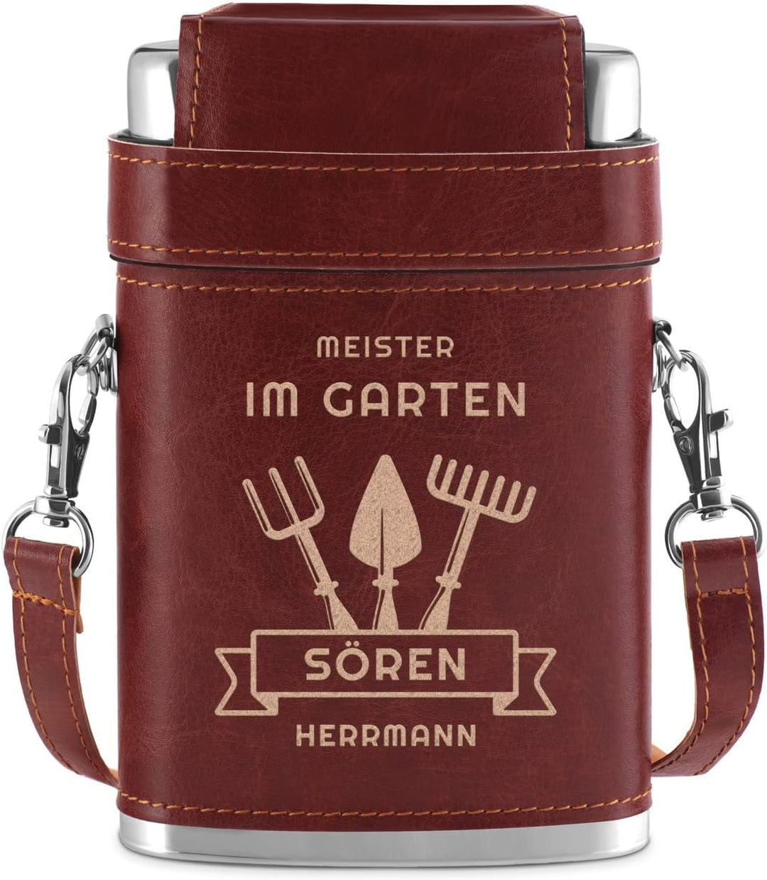 Maverton Flachmann mit Gravur - personalisiert - 250 ml - 3x10 ml Becher - aus Edelstahl - Ledertasc