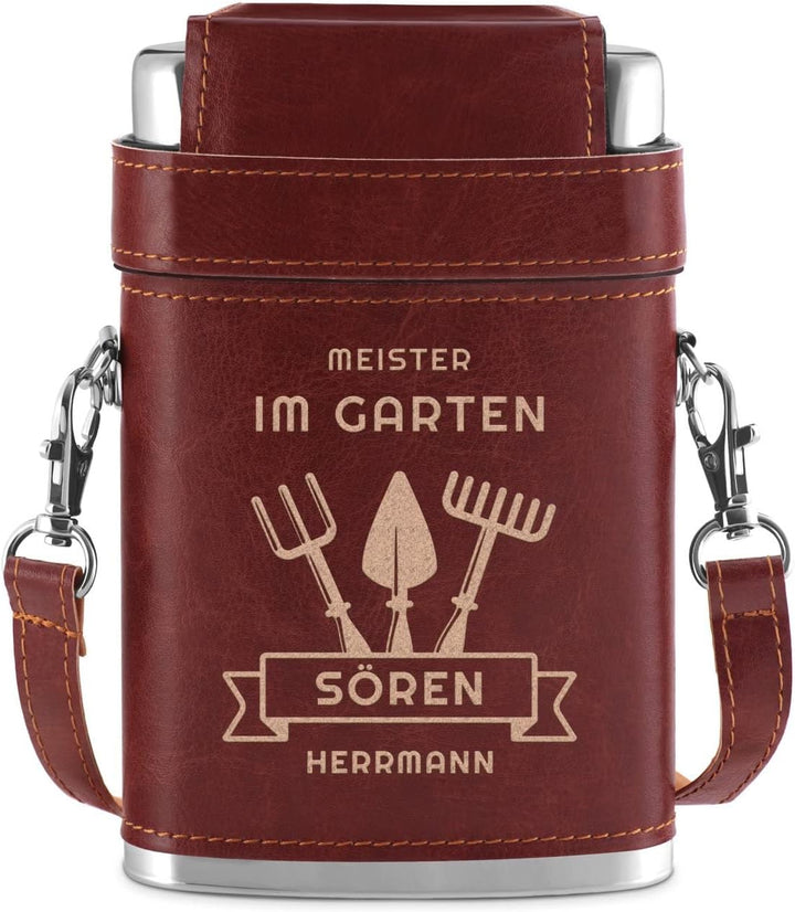 Maverton Flachmann mit Gravur - personalisiert - 250 ml - 3x10 ml Becher - aus Edelstahl - Ledertasc