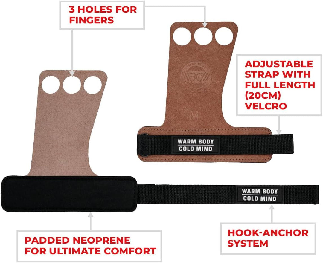 WARM BODY COLD MIND Leder Hand Grips - 3-Loch Handschuhe für Gewichtheben, Gymnastik, Crossfit, Pull