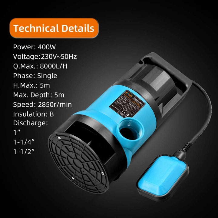 KATSU 400W Tragbare Tauchpumpe für sauberes und schmutziges Wasser für Gartenteich, Pools und Gräben